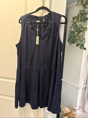 Max Studio Navy Blue Sleeveless Tiered Tassel Dress